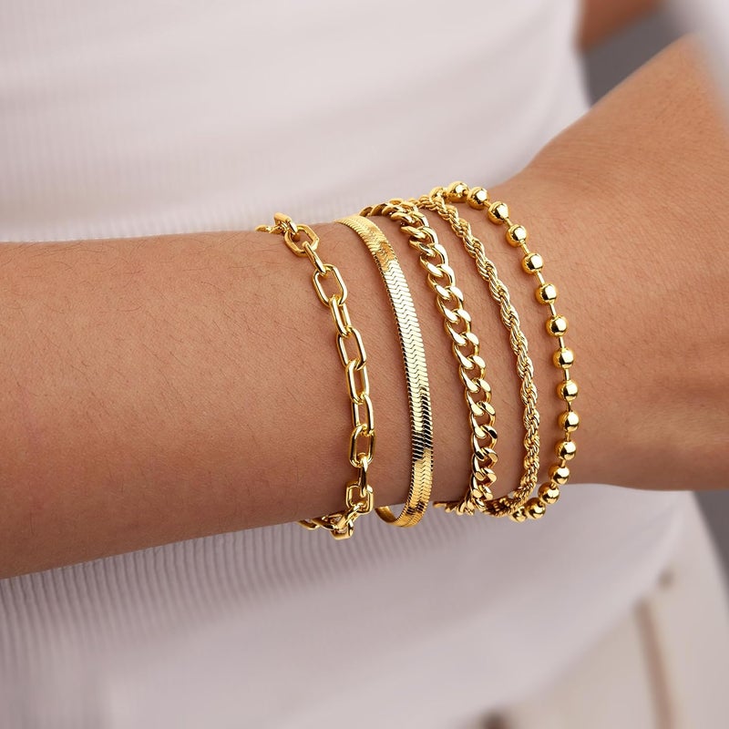 Poxtex Gold Bracelets Set for Women Stack, Dainty Thick Bracelets Stack for Women Trendy, Simple Thin Gold Plated Cuff Stackable Bracelets With Beaded Cuban Paperclip Snake Rope Bangle Hand Chain Jewelry Gifts for Women Non Tainish - Image 3